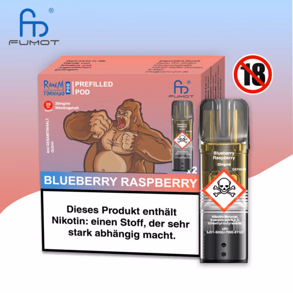 RandM Tornado Pods Blueberry Raspberry: Pinker Pod mit Blaubeer-Himbeer-Geschmack, Logo und 20mg Nikotin, umgeben von Blaubeeren und Himbeeren.