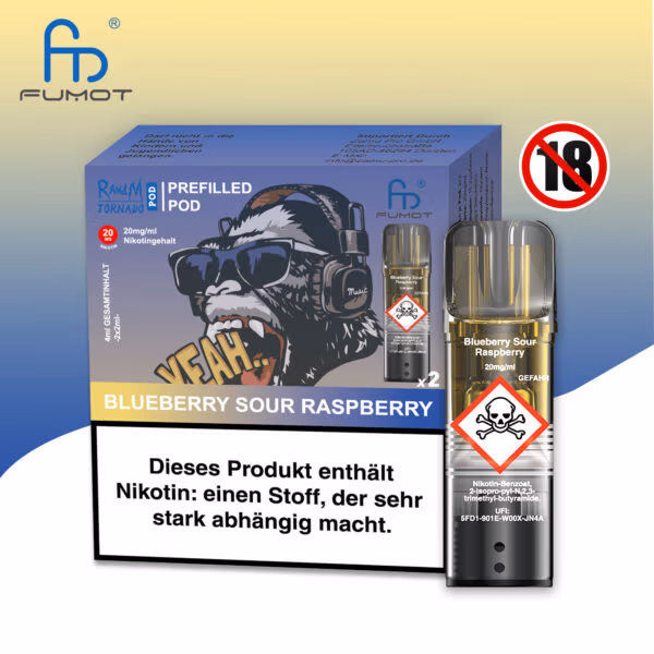RandM Tornado Pods Blueberry Sour Raspberry: Blauer Pod mit Blaubeer-Himbeer-Geschmack (sauer), Logo und 20mg Nikotin, umgeben von Blaubeeren und Himbeeren.