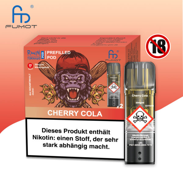 RandM Tornado Pods Cherry Cola: Roter Pod mit Kirsch-Cola-Geschmack, Logo und 20mg Nikotin, umgeben von Kirschen und Cola-Spritzern.