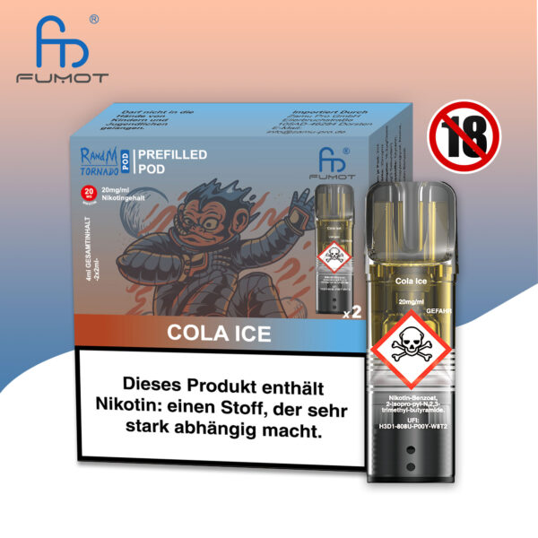 RandM Tornado Pods Cola Ice: Brauner Pod mit Cola-Ice-Geschmack, Logo und 20mg Nikotin, umgeben von Eiswürfeln und einem Cola-Getränk.