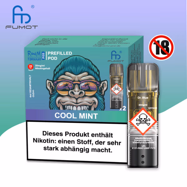 RandM Tornado Pods Cool Mint: Türkisfarbener Pod mit kühlem Minzgeschmack, Logo und 20mg Nikotin, umgeben von Minzblättern und Eiswürfeln.