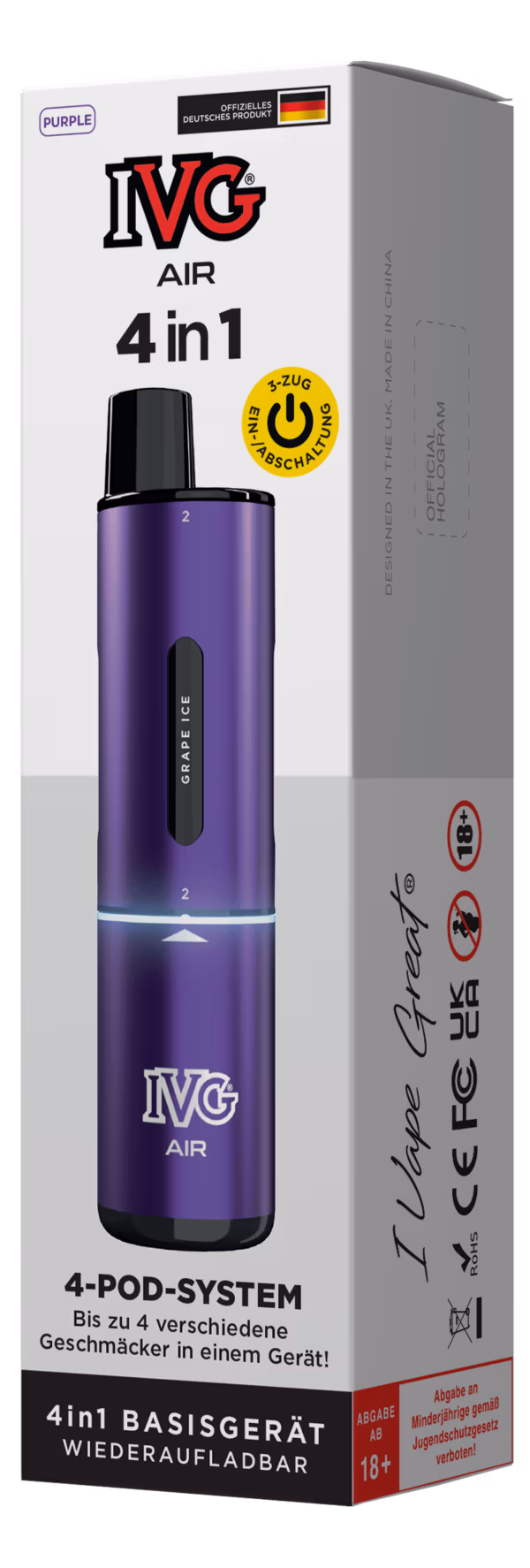 IVG Air 4 in 1 Basisgerät Purple: Lila Vape-Pen mit austauschbaren Pods, verpackt in einer weißen und grauen Schachtel mit "4in1"-Aufdruck und Nikotinwarnhinweis.