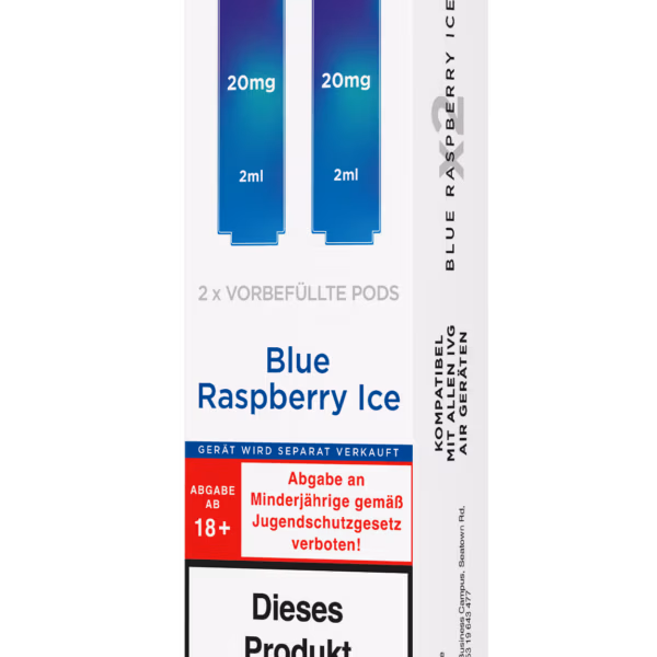 IVG Air Pods Blue Raspberry Ice – 20 mg/ml: Weiße Packung mit blauen Pods, 20mg Nikotin, Blue Raspberry Ice, Nikotinwarnung.