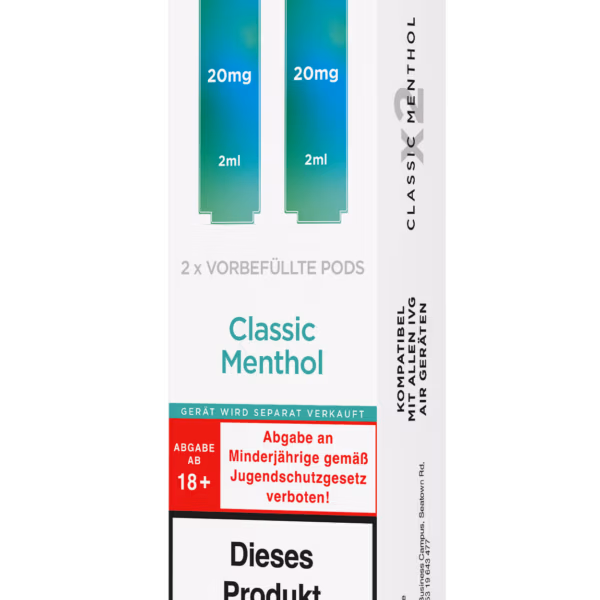 IVG Air Pods Classic Menthol: 2x2 ml mit 20 mg/ml Nikotinsalz. Reiner Mentholgeschmack für ein frisches Dampferlebnis. Jetzt entdecken!