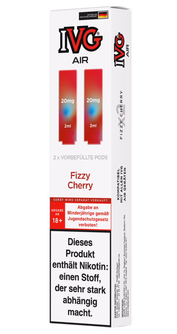 IVG Air Pods Fizzy Cherry – 20 mg/ml: Weiße Packung mit roten Pods, 20mg Nikotin, Fizzy Cherry, Nikotinwarnung.