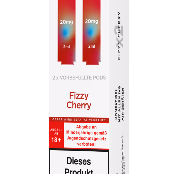 IVG Air Pods Fizzy Cherry – 20 mg/ml: Weiße Packung mit roten Pods, 20mg Nikotin, Fizzy Cherry, Nikotinwarnung.