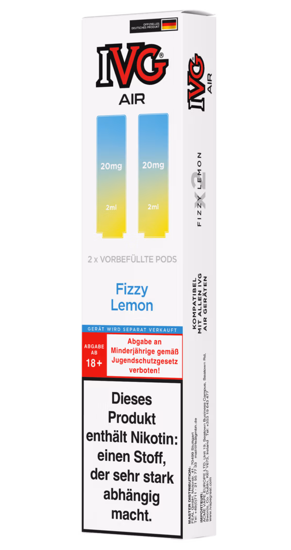 IVG Air Pods Fizzy Lemon – 20 mg/ml: Weiße Packung mit hellblauen Pods, 20mg Nikotin, Fizzy Lemon, Nikotinwarnung.