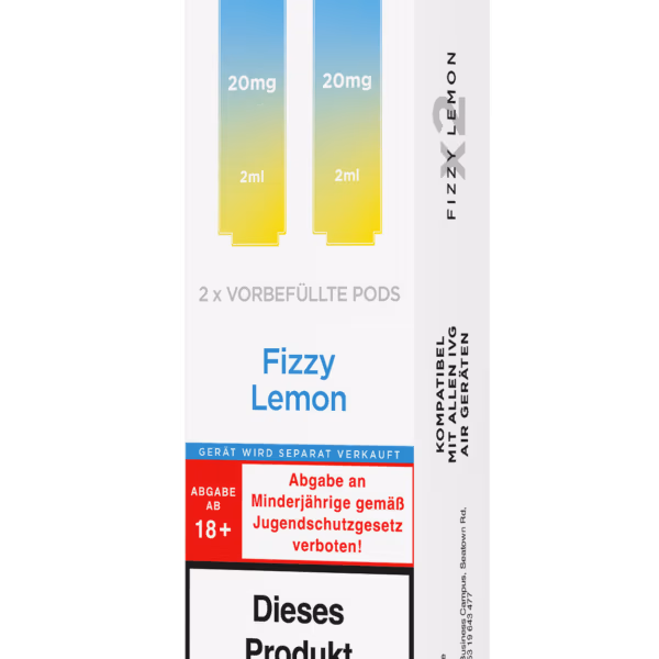IVG Air Pods Fizzy Lemon – 20 mg/ml: Weiße Packung mit hellblauen Pods, 20mg Nikotin, Fizzy Lemon, Nikotinwarnung.