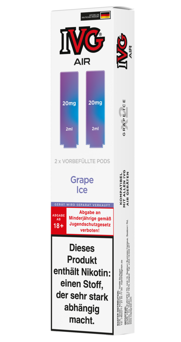 IVG Air Pods Grape Ice – 20 mg/ml: Weiße Packung mit lila Pods, 20mg Nikotin, Grape Ice, Nikotinwarnung.