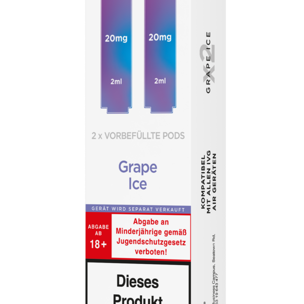 IVG Air Pods Grape Ice – 20 mg/ml: Weiße Packung mit lila Pods, 20mg Nikotin, Grape Ice, Nikotinwarnung.