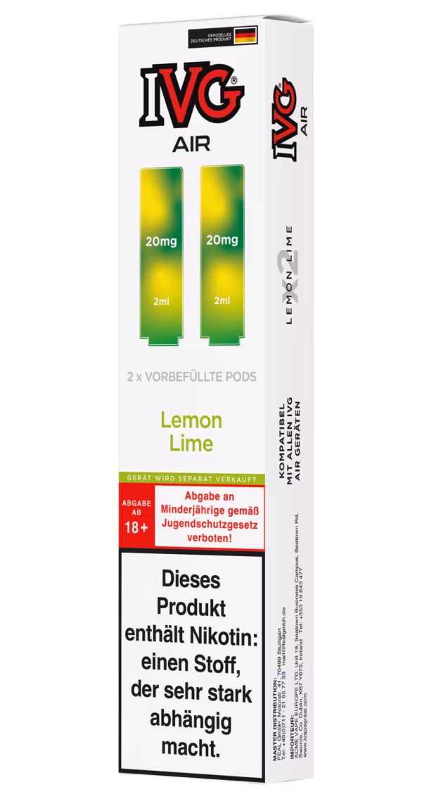 IVG Air Pods Lemon Lime – 20 mg/ml: Weiße Packung mit hellgrünen Pods, 20mg Nikotin, Lemon Lime, Nikotinwarnung.