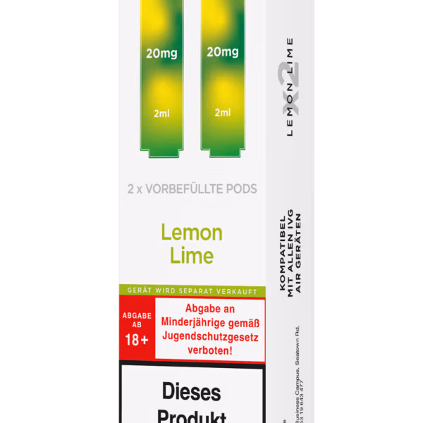 IVG Air Pods Lemon Lime – 20 mg/ml: Weiße Packung mit hellgrünen Pods, 20mg Nikotin, Lemon Lime, Nikotinwarnung.