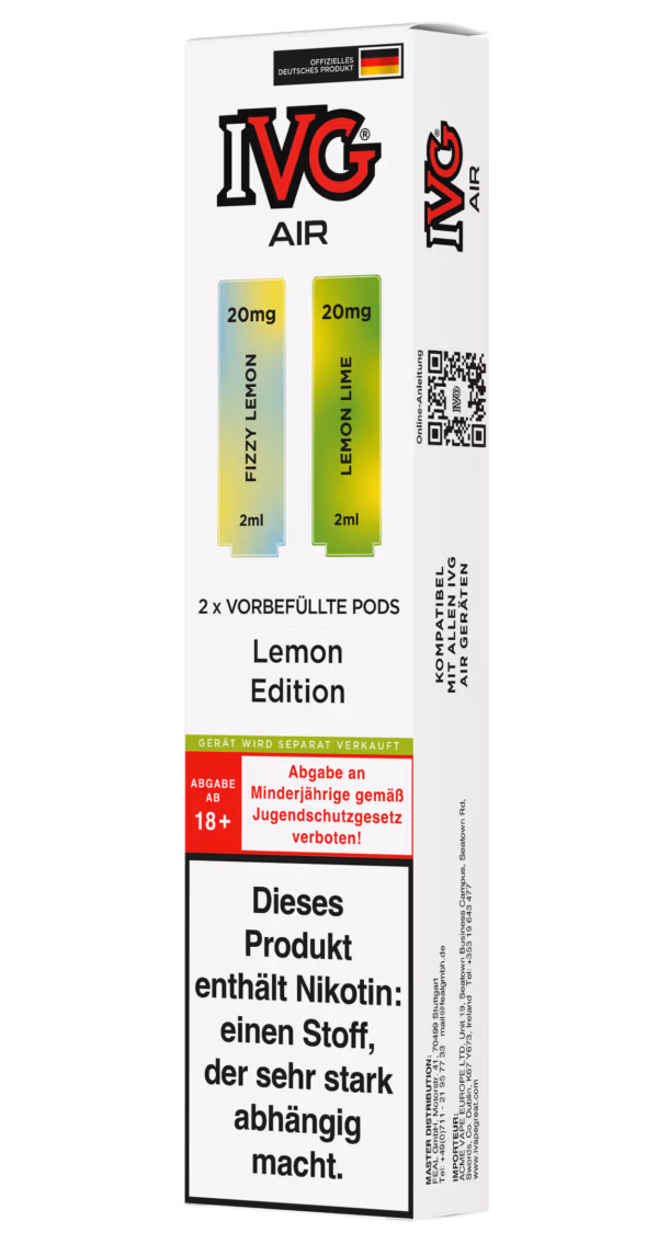 IVG Air Pods Lemon Edition: Weiße Packung mit gelben (Fizzy Lemon) und hellgrünen (Lemon Lime) Pods, 20mg Nikotin, Nikotinwarnung.