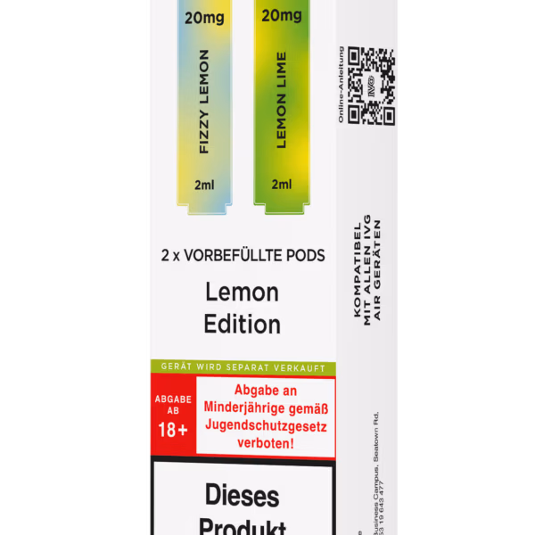 IVG Air Pods Lemon Edition: Weiße Packung mit gelben (Fizzy Lemon) und hellgrünen (Lemon Lime) Pods, 20mg Nikotin, Nikotinwarnung.