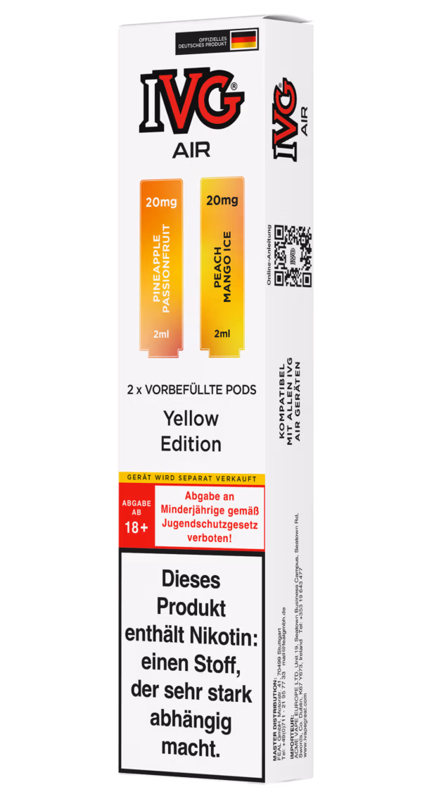 IVG Air Pods Yellow Edition: Weiße Packung mit orange-roten (Pineapple Passionfruit) und orangefarbenen (Peach Mango Ice) Pods, 20mg Nikotin, Nikotinwarnung.