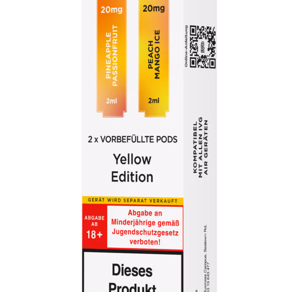 IVG Air Pods Yellow Edition: Weiße Packung mit orange-roten (Pineapple Passionfruit) und orangefarbenen (Peach Mango Ice) Pods, 20mg Nikotin, Nikotinwarnung.