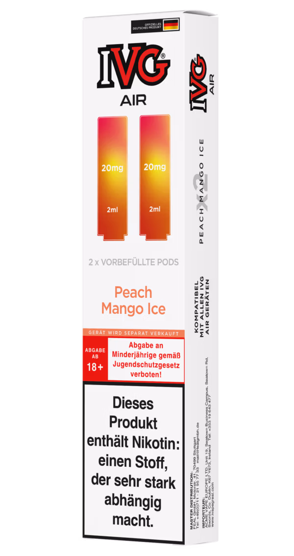 IVG Air Pods Peach Mango Ice – 20 mg/ml: Weiße Packung mit pink-orangen Pods, 20mg Nikotin, Peach Mango Ice, Nikotinwarnung.