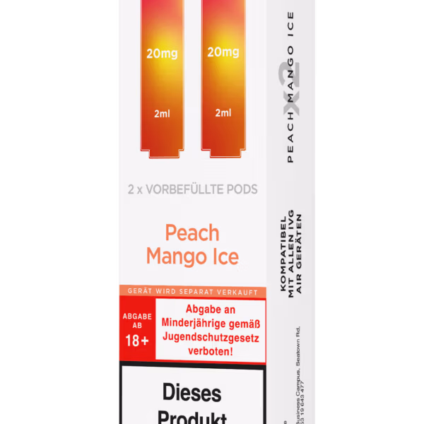 IVG Air Pods Peach Mango Ice – 20 mg/ml: Weiße Packung mit pink-orangen Pods, 20mg Nikotin, Peach Mango Ice, Nikotinwarnung.