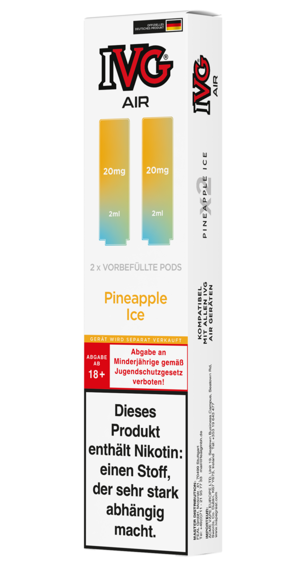 IVG Air Pods Pineapple Ice – 20 mg/ml: Weiße Packung mit hellgelben Pods, 20mg Nikotin, Pineapple Ice, Nikotinwarnung.