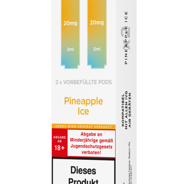 IVG Air Pods Pineapple Ice – 20 mg/ml: Weiße Packung mit hellgelben Pods, 20mg Nikotin, Pineapple Ice, Nikotinwarnung.