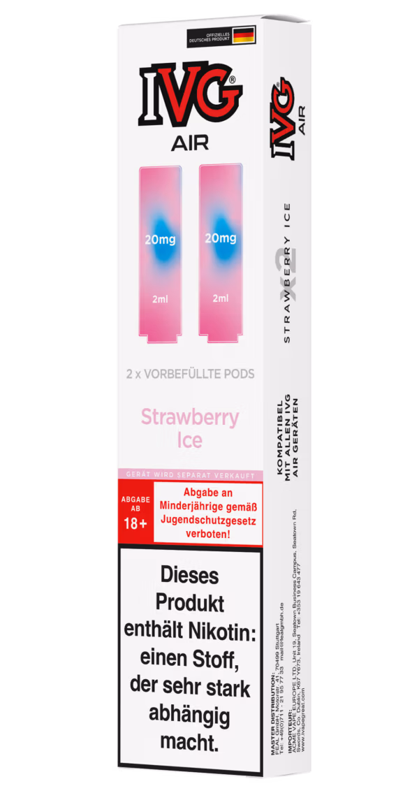 IVG Air Pods Strawberry Ice – 20 mg/ml: Weiße Packung mit pinken Pods, 20mg Nikotin, Strawberry Ice, Nikotinwarnung.