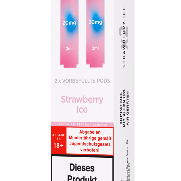 IVG Air Pods Strawberry Ice – 20 mg/ml: Weiße Packung mit pinken Pods, 20mg Nikotin, Strawberry Ice, Nikotinwarnung.