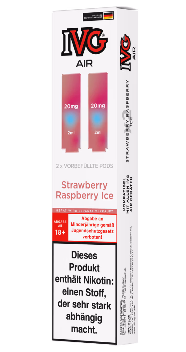 IVG Air Pods Strawberry Raspberry Ice – 20 mg/ml: Weiße Packung mit pinken Pods, 20mg Nikotin, Strawberry Raspberry Ice, Nikotinwarnung.