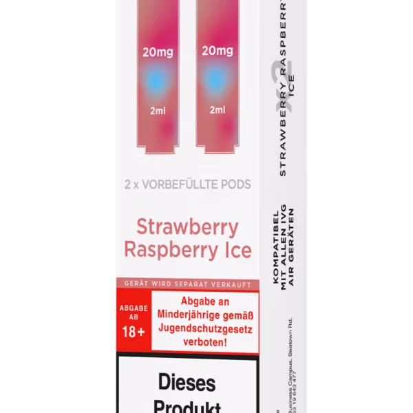 IVG Air Pods Strawberry Raspberry Ice – 20 mg/ml: Weiße Packung mit pinken Pods, 20mg Nikotin, Strawberry Raspberry Ice, Nikotinwarnung.