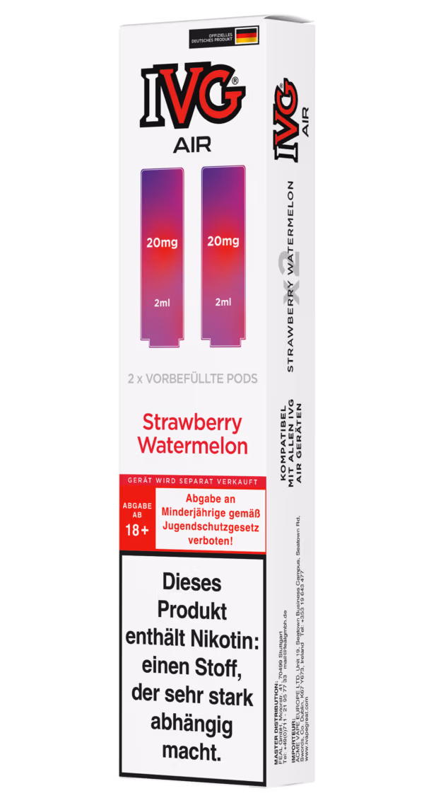 IVG Air Pods Strawberry Watermelon – 20 mg/ml: Weiße Packung mit pinken Pods, 20mg Nikotin, Strawberry Watermelon, Nikotinwarnung.