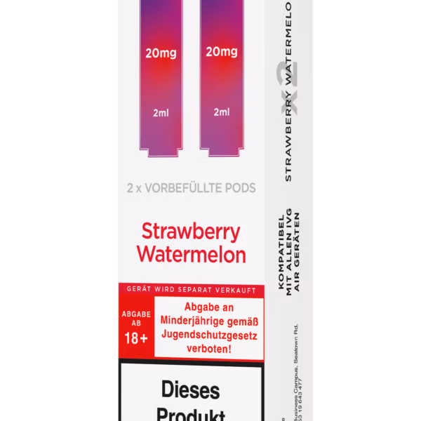 IVG Air Pods Strawberry Watermelon – 20 mg/ml: Weiße Packung mit pinken Pods, 20mg Nikotin, Strawberry Watermelon, Nikotinwarnung.