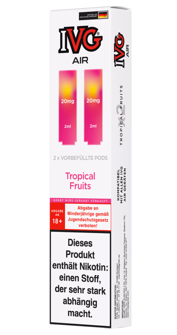 IVG Air Pods Tropical Fruits – 20 mg/ml: Weiße Packung mit pinken Pods, 20mg Nikotin, Tropical Fruits, Nikotinwarnung.