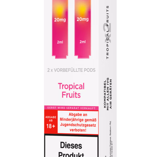 IVG Air Pods Tropical Fruits – 20 mg/ml: Weiße Packung mit pinken Pods, 20mg Nikotin, Tropical Fruits, Nikotinwarnung.