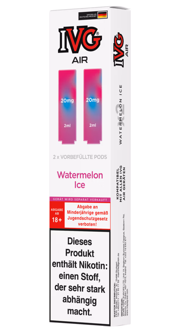 IVG Air Pods Watermelon Ice – 20 mg/ml: Weiße Packung mit pinken Pods, 20mg Nikotin, Watermelon Ice, Nikotinwarnung.