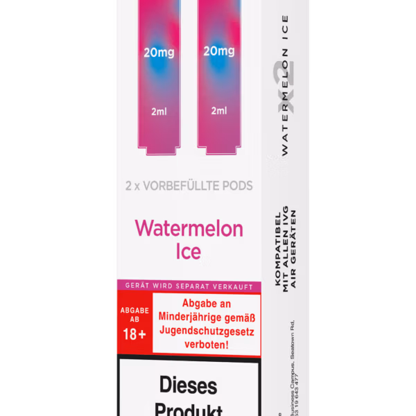 IVG Air Pods Watermelon Ice – 20 mg/ml: Weiße Packung mit pinken Pods, 20mg Nikotin, Watermelon Ice, Nikotinwarnung.