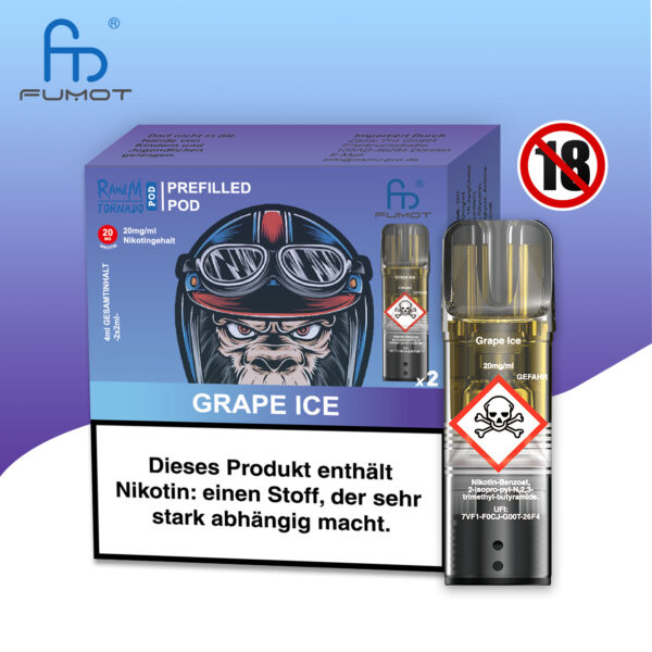 RandM Tornado Pods Grape Ice: Lila Pod mit Trauben-Ice-Geschmack, Logo und 20mg Nikotin, umgeben von gefrorenen Trauben.
