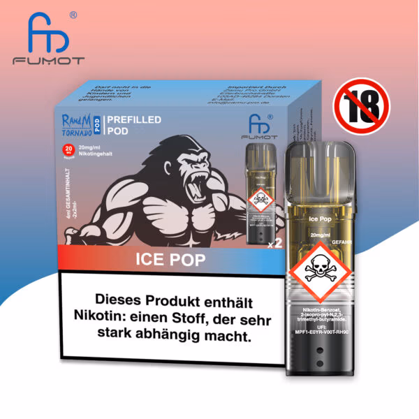 RandM Tornado Pods Ice Pop: Bunter Pod mit Eis-Pop-Geschmack, Logo und 20mg Nikotin, umgeben von geschmolzenen Eiswürfeln.