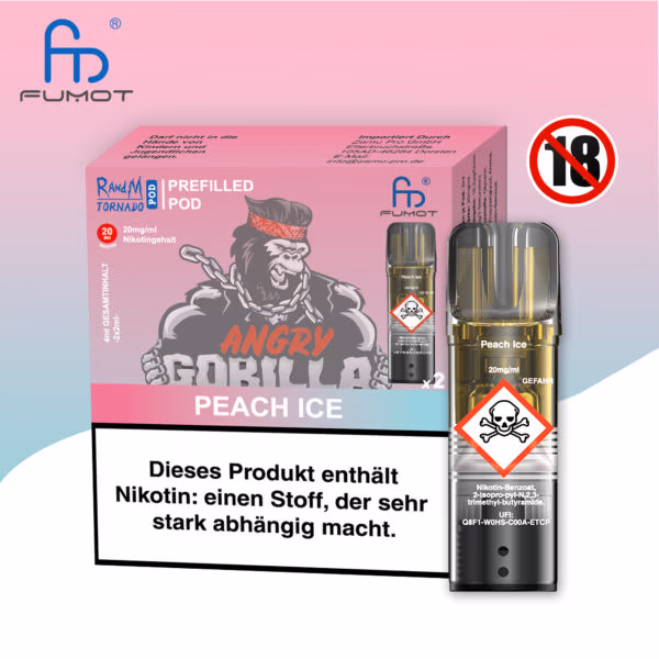 RandM Tornado Pods Peach Ice: Orangefarbener Pod mit Pfirsich-Ice-Geschmack, Logo und 20mg Nikotin, umgeben von Pfirsichhälften und Eiswürfeln.
