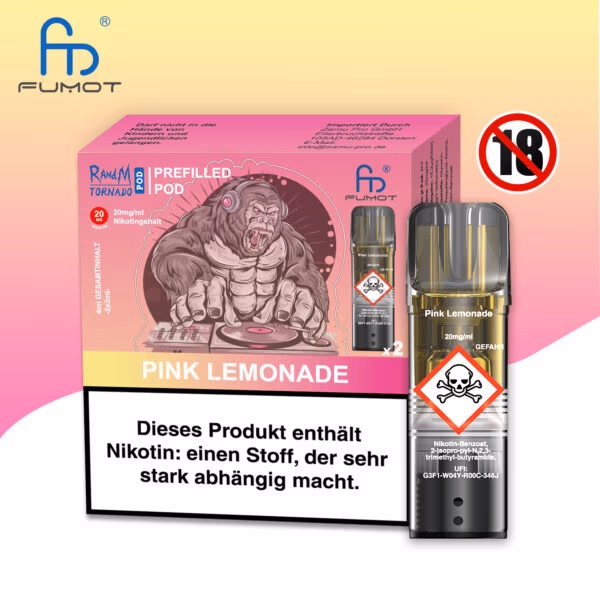 RandM Tornado Pods Pink Lemonade: Pinker Pod mit Pink Lemonade Geschmack, Logo und 20mg Nikotin, umgeben von Zitronenscheiben und Himbeeren.