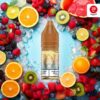 Flasche RandM Tornado Liquid Berry Lemonade 20 mg/ml vor fruchtigem Hintergrund mit Beeren und Zitronenscheiben – E-Liquid mit beerig-zitronigem Geschmack