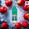 Flasche RandM Tornado Liquid Red Apple Ice 20 mg/ml vor roten Äpfeln und Eiswürfeln – E-Liquid mit süßem Apfelgeschmack und kühler Ice-Note