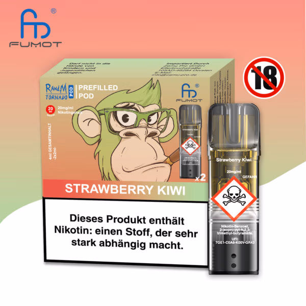 RandM Tornado Pods Strawberry Kiwi: Pinker Pod mit Erdbeer-Kiwi-Geschmack, Logo und 20mg Nikotin, umgeben von Erdbeeren und Kiwischeiben.