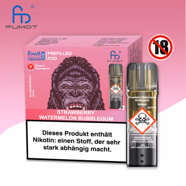 RandM Tornado Pods Strawberry Watermelon Bubblegum: Ein rot-pinker Pod mit Erdbeer-Wassermelonen-Bubblegum-Geschmack, Logo und 20 mg Nikotin, umgeben von Erdbeeren, Wassermelonenscheiben und Kaugummiblasen.