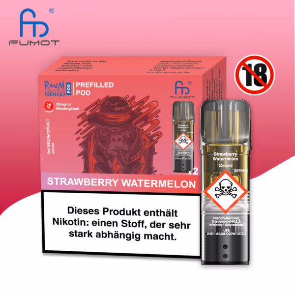 RandM Tornado Pods Strawberry Watermelon: Ein rot-pinker Pod mit Erdbeer-Wassermelonen-Geschmack, Logo und 20 mg Nikotin, umgeben von Erdbeeren und Wassermelonenscheiben.