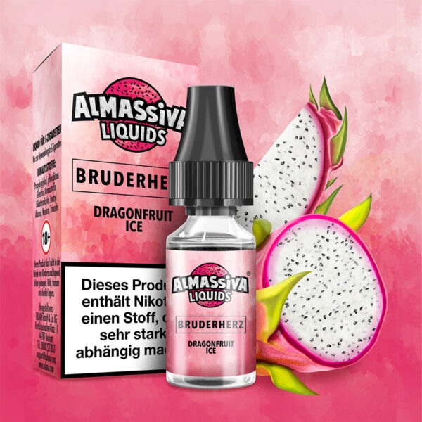 Almassiva Liquid Bruderherz – Drachenfrucht Ice: Rosa Liquid-Fläschchen mit Nikotinwarnung vor Verpackung mit Dragonfruit.