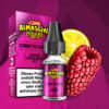 Al Massiva Liquid Come to Dubai: Violettes Liquid mit Zitrone und Maulbeere vor Früchten und Verpackung mit Nikotinwarnung.