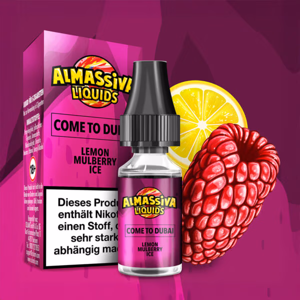Al Massiva Liquid Come to Dubai: Violettes Liquid mit Zitrone und Maulbeere vor Früchten und Verpackung mit Nikotinwarnung.