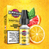 Al Massiva Liquid Ghettolied - 17 mg/ml: Gelbes Liquid mit Blutorange, Orange und Minze vor passender Verpackung und Nikotinwarnung.