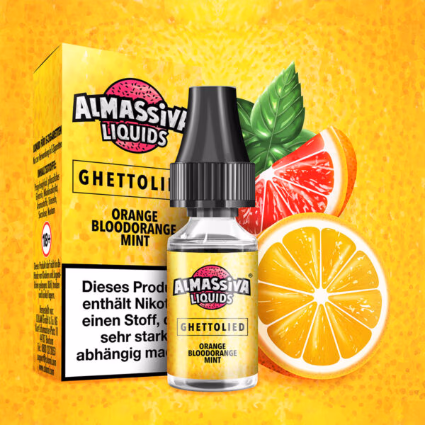 Al Massiva Liquid Ghettolied - 17 mg/ml: Gelbes Liquid mit Blutorange, Orange und Minze vor passender Verpackung und Nikotinwarnung.