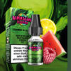Al Massiva Liquid Sommer in Beirut: Grünes Liquid mit Wassermelone, Himbeere und Zitrone vor Früchten und Verpackung mit Nikotinwarnung.