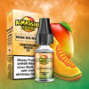 Al Massiva Liquid Wenn Der Mond: Gelbliches Liquid mit Honigmelone und Mango vor Früchten und Verpackung mit Nikotinwarnung.